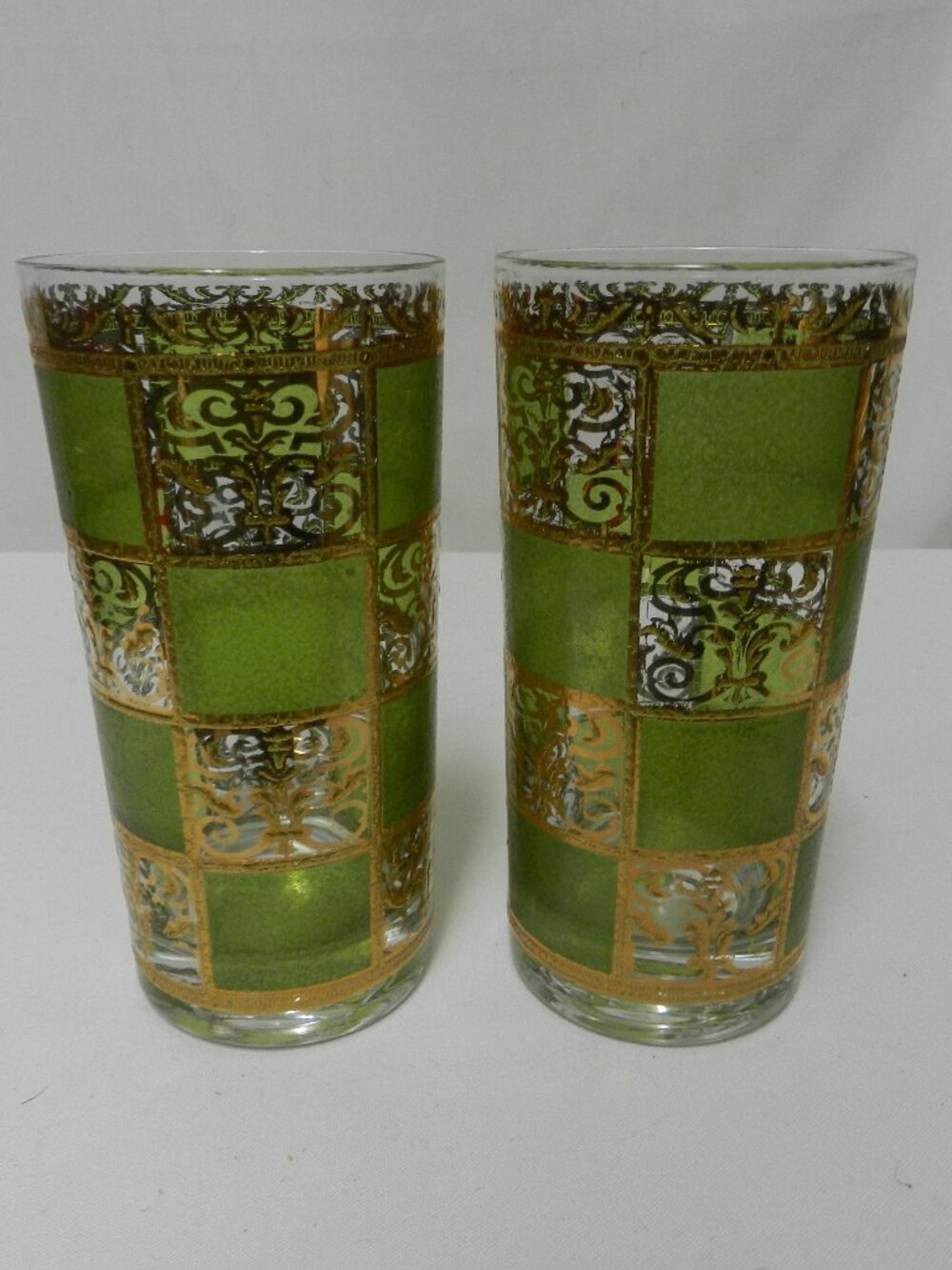 Culver Prado Gold w/ Green tall tumbler water glass Set 2 Vintage 1960's 5.7" T